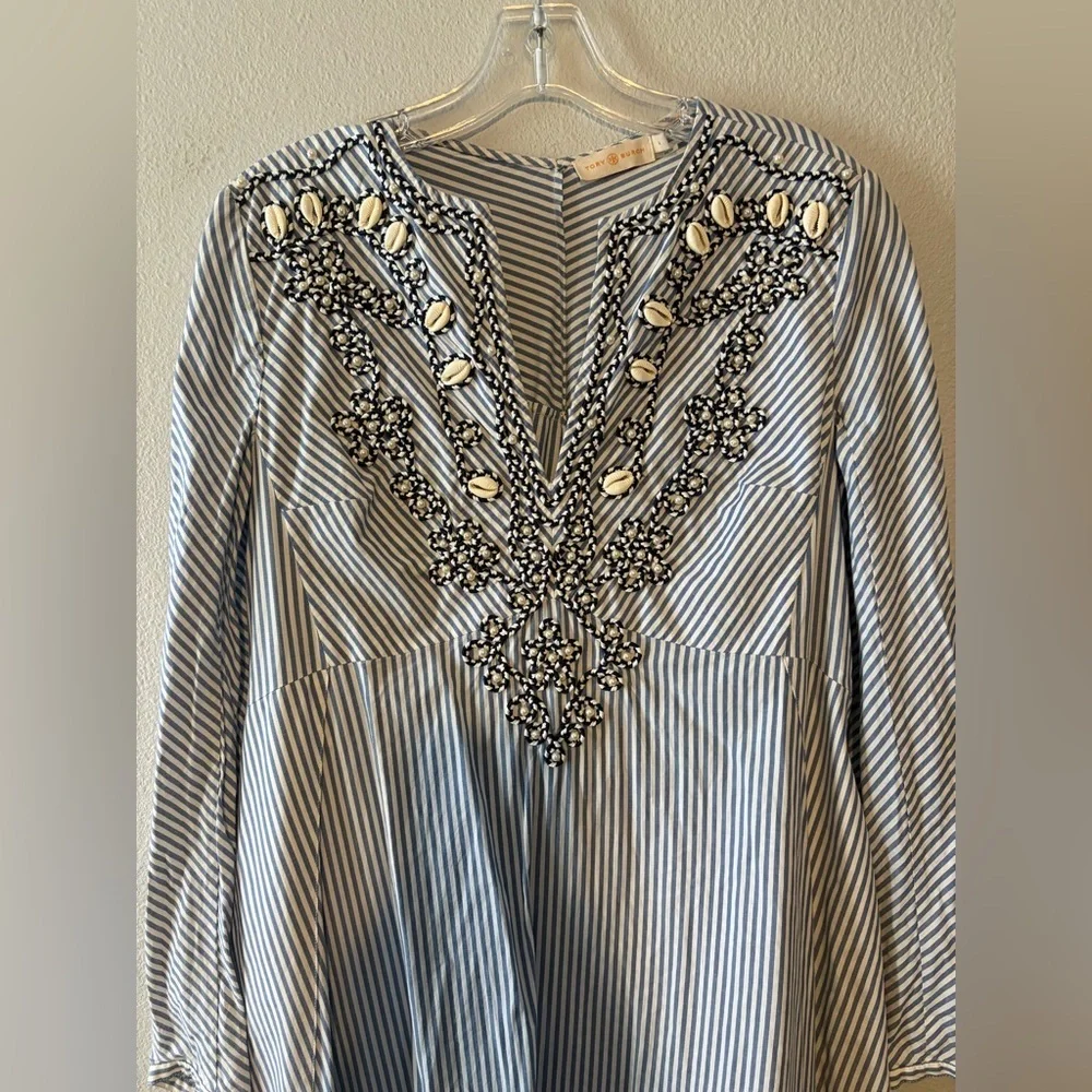 TORY BURCH EMBELLISHED STRIPE STEP HEM MIDI TUNIC DRESS